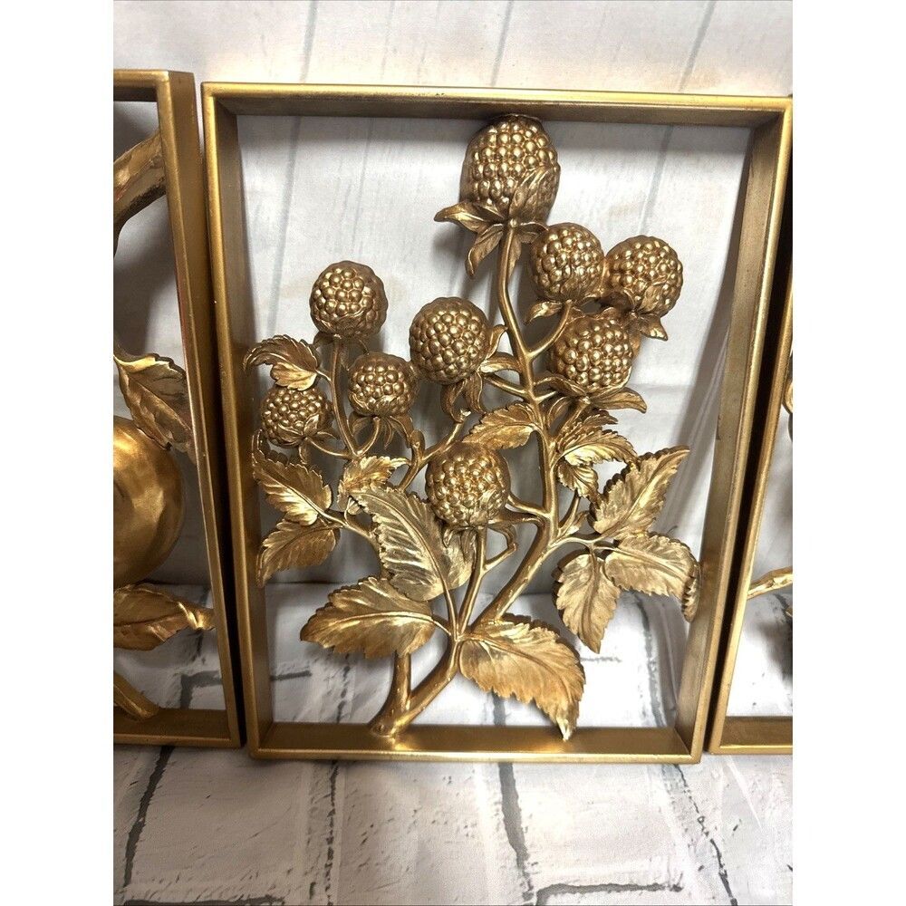 Hollywood Regency Syroco Gold Wall Plaques Set Lot 4 MCM Four Fruit Panels Boho - Picture 3 of 11